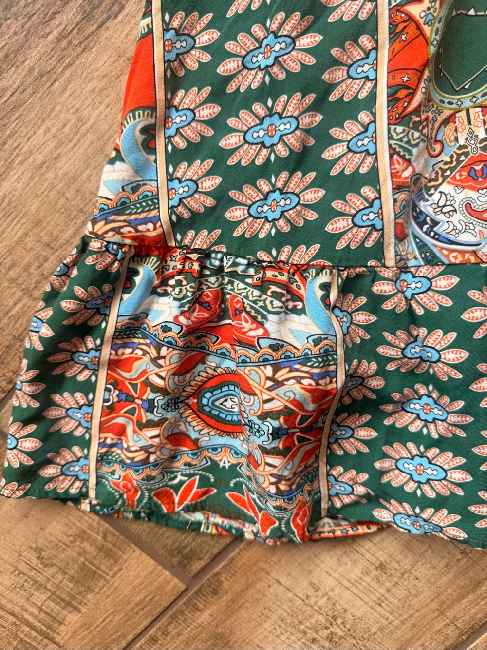 Green Floral Print Mini Dress with Orange Accents - Picture 3 of 9